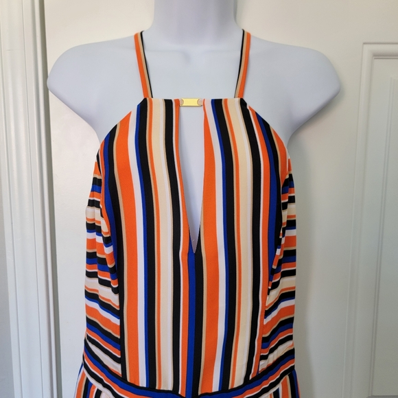 NWT Bebe Striped Halter Romper V Neck Gold Metal Trim Back Zip Size Small - Picture 2 of 15